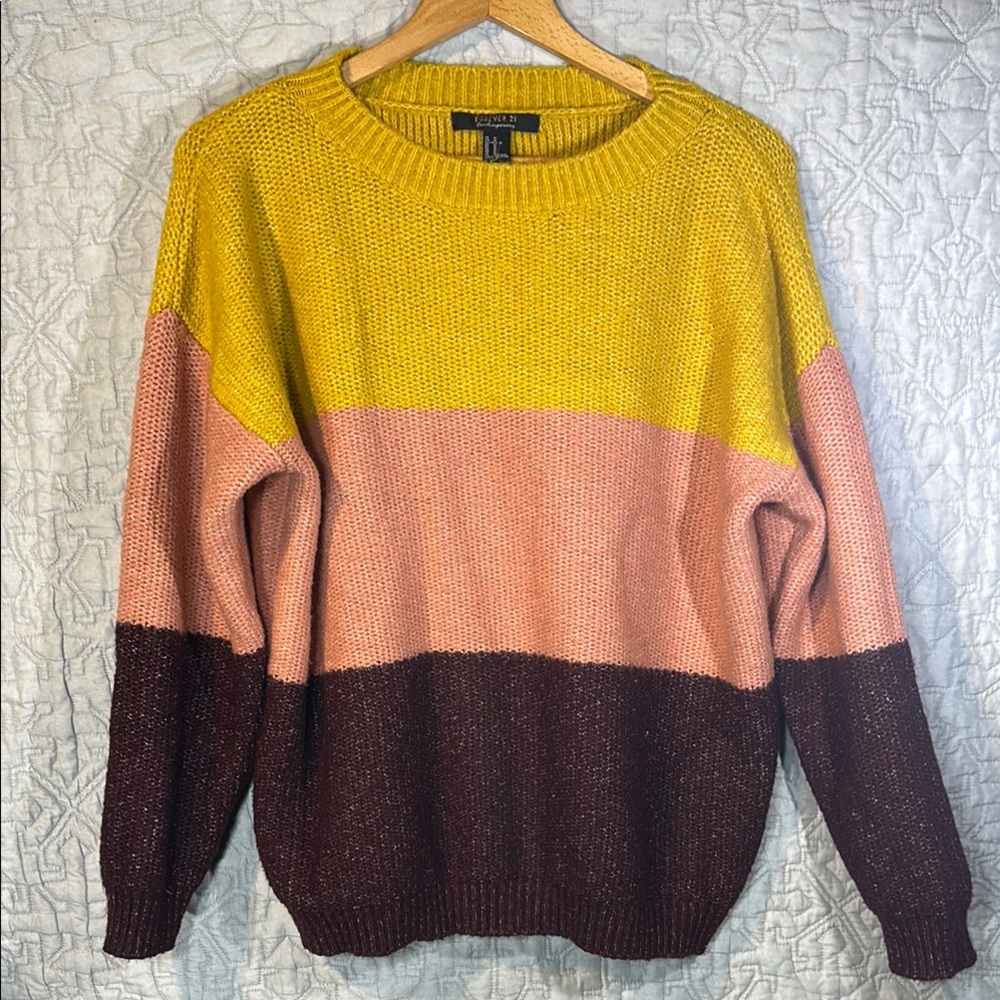 Forever 21 sweater color block heathered mustard yellow coral pink burgundy top